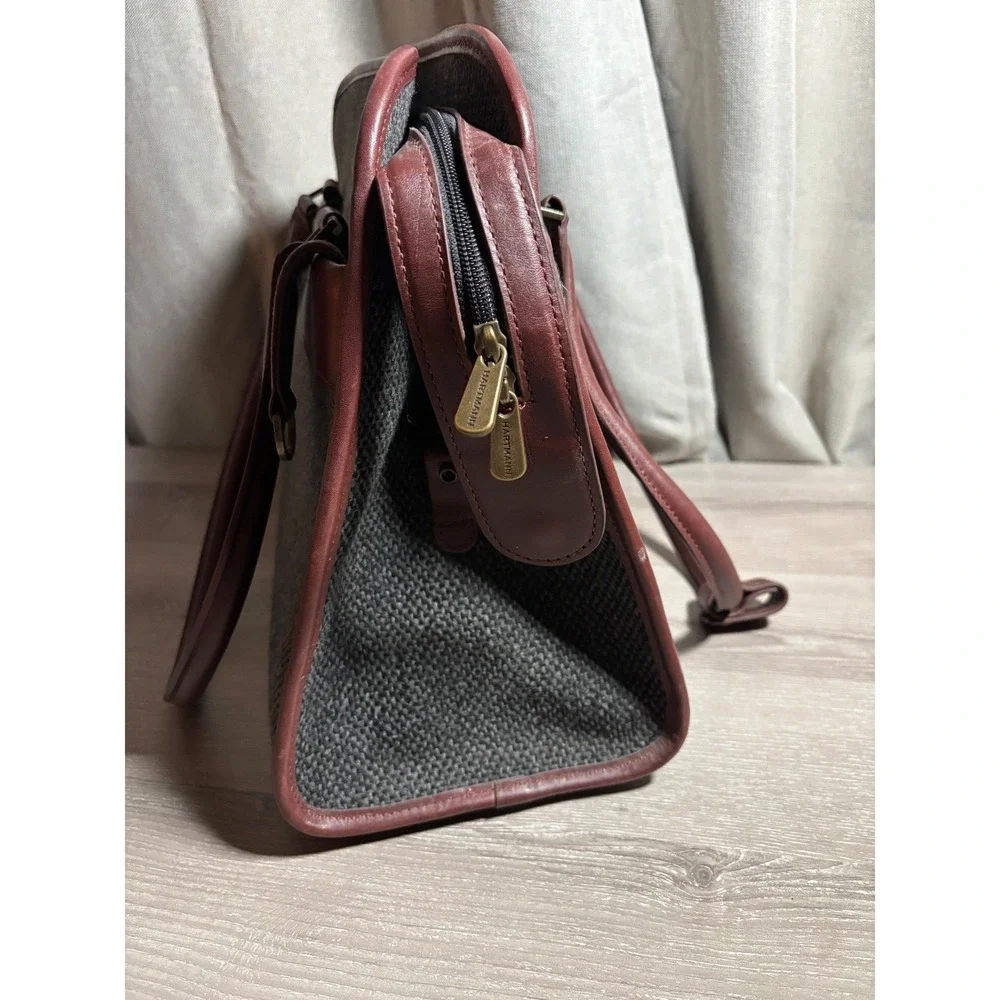 Hartmann Tweed Leather Satchel Handbag Burgundy Charcoal Gray Vintage Travel Bag